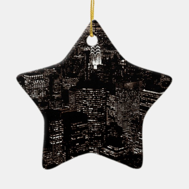 Sepia New York City Night Skyline Ceramic Ornament (Front)