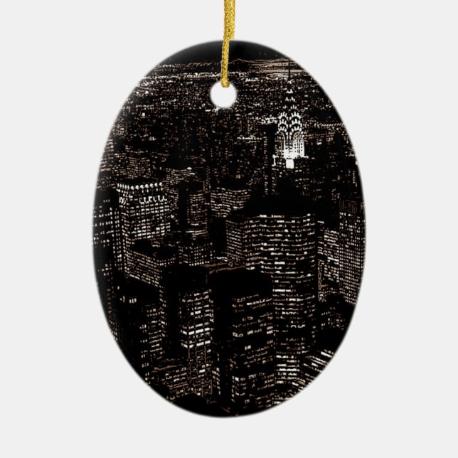 Sepia New York City Night Skyline Ceramic Ornament (Front)