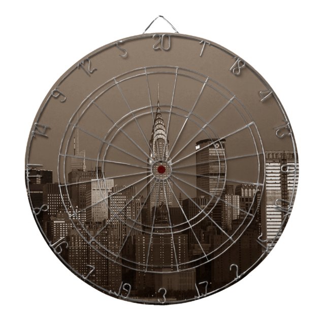Sepia New York City Skyline Dartboard With Darts (Front)