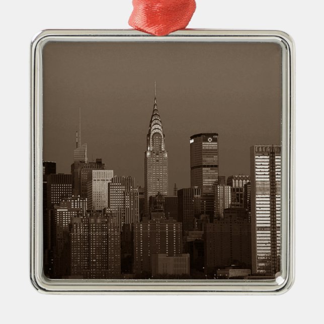Sepia New York City Skyline Metal Ornament (Front)