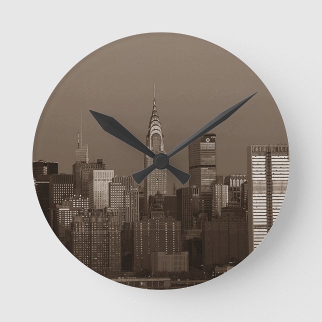 Sepia New York City Skyline Round Clock (Front)