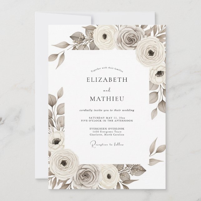 Sepia Painterly Floral Romance Wedding Invitation (Front)