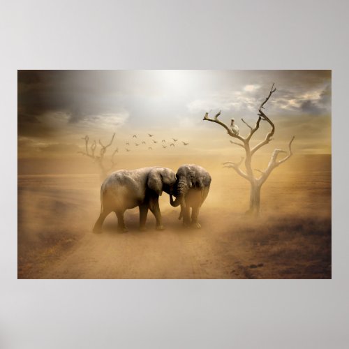 Sepia photo of male and female African elephants Poster