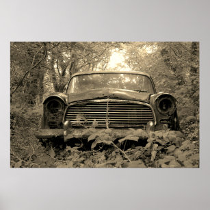 Sepia Photograph of old rusty classic car Poster