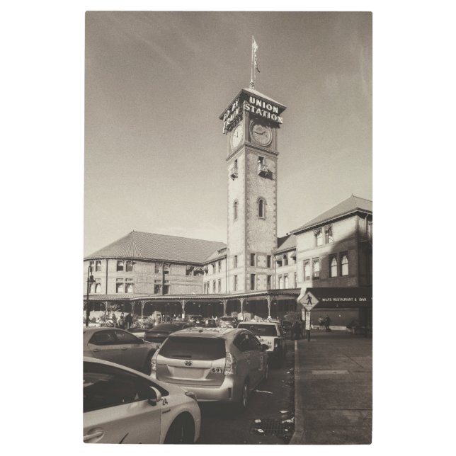 Sepia Portland Train Station Clock Tower Metal Print (Front)