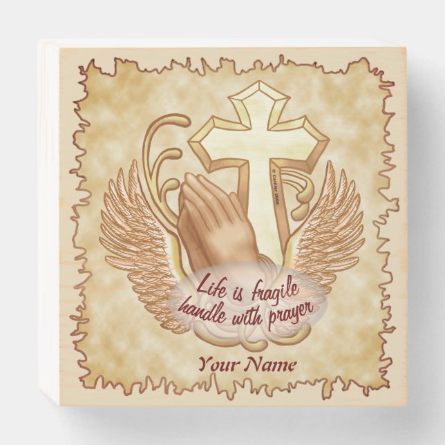 Sepia Prayer Hands Christian  Wooden Box Sign (Front Horizontal)