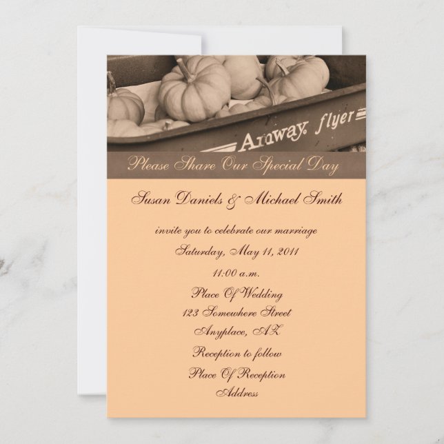 Sepia Pumpkins In Wagon Fall Wedding  Invitation (Front)