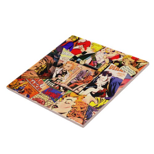 Sepia Romance Comic Book Cover Jumble Collage Ceramic Tile