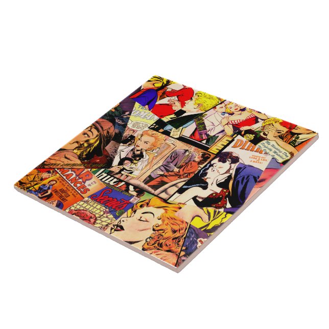 Sepia Romance Comic Book Cover Jumble Collage Ceramic Tile (Side)