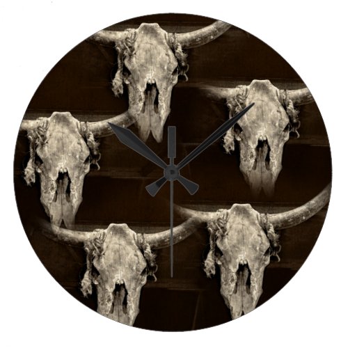Sepia rustic buffalo skull with horns large clock