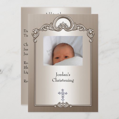 Sepia Silver Photo Frame Jewel Cross Christening Invitation