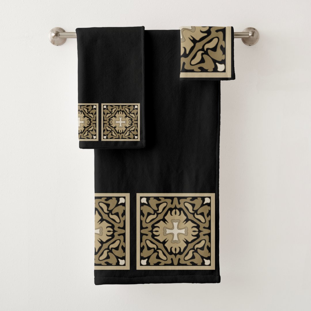 Sepia Spanish Tiles on Black Bath Towel Set Zazzle
