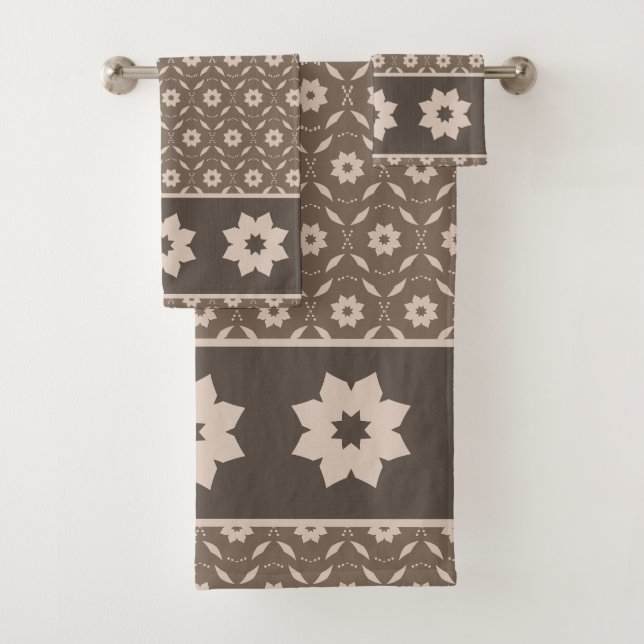 Sepia Star Flower Seamless Pattern Design Bath Towel Set (Insitu)