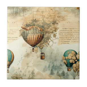 Sepia Steampunk Hot Air Balloon Globe Map Ceramic Tile