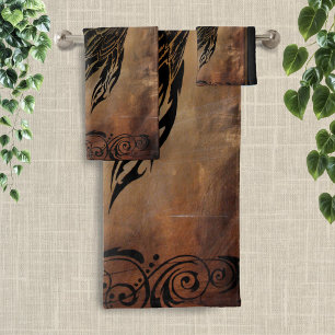  Sepia Stone Tribal Clockwork Gears Black Raven  Bath Towel Set