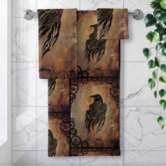  Sepia Stone Tribal Clockwork Gears Black Raven  Bath Towel Set (Creator Uploaded)
