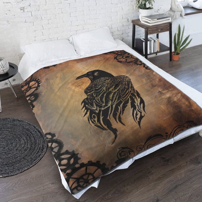  Sepia Stone Tribal Clockwork Gears Black Raven  Fleece Blanket (Creator Uploaded)
