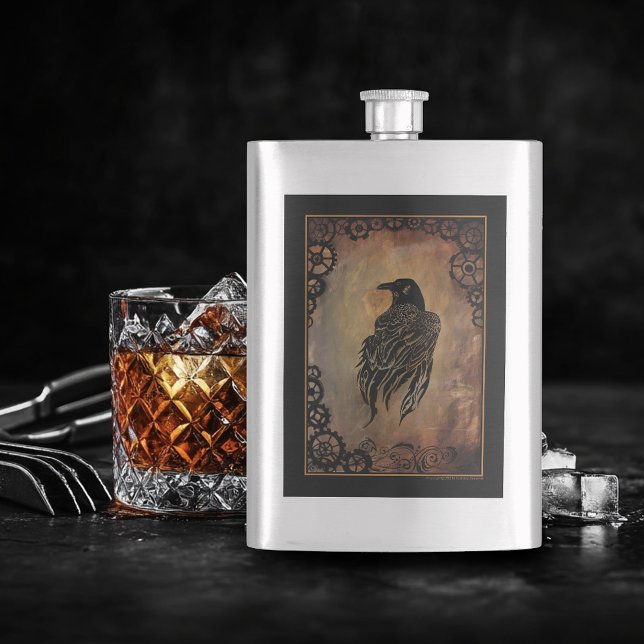  Sepia Stone Tribal Clockwork Gears Black Raven  Hip Flask (Creator Uploaded)