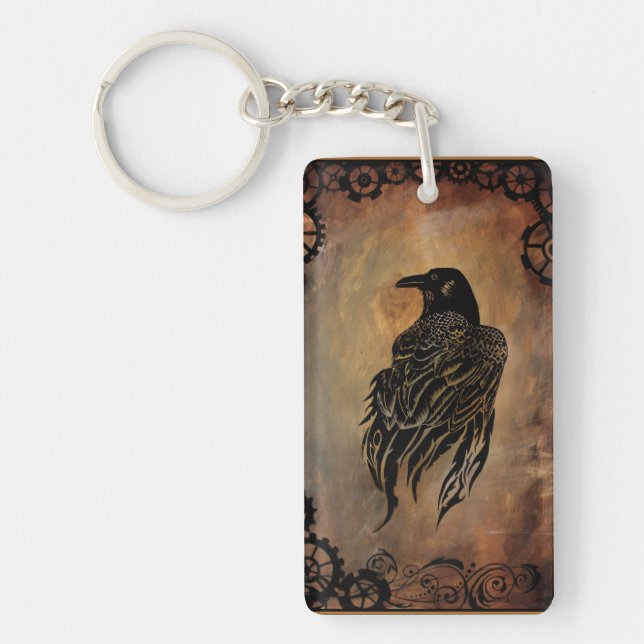  Sepia Stone Tribal Clockwork Gears Black Raven  Keychain (Front)