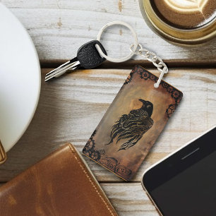  Sepia Stone Tribal Clockwork Gears Black Raven  Keychain