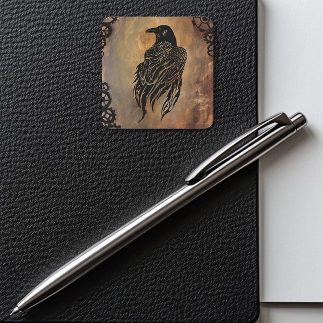  Sepia Stone Tribal Clockwork Gears Black Raven  Square Sticker (Creator Uploaded)