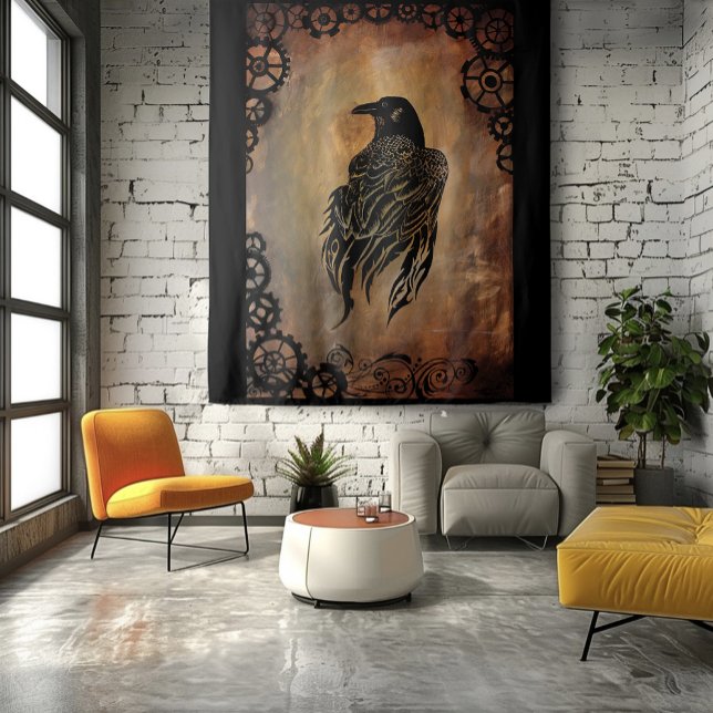  Sepia Stone Tribal Clockwork Gears Black Raven  Tapestry (Creator Uploaded)
