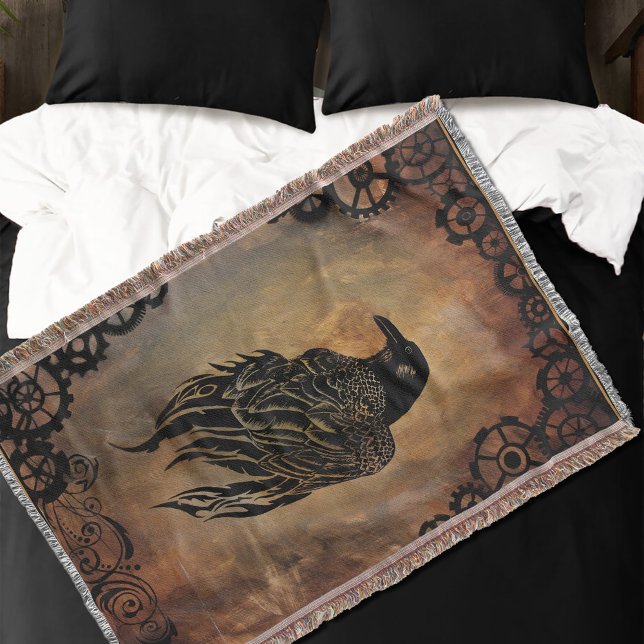  Sepia Stone Tribal Clockwork Gears Black Raven  Throw Blanket (Creator Uploaded)