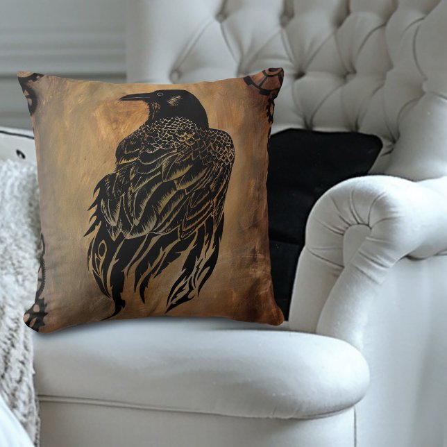  Sepia Stone Tribal Clockwork Gears Black Raven  Throw Pillow (Creator Uploaded)