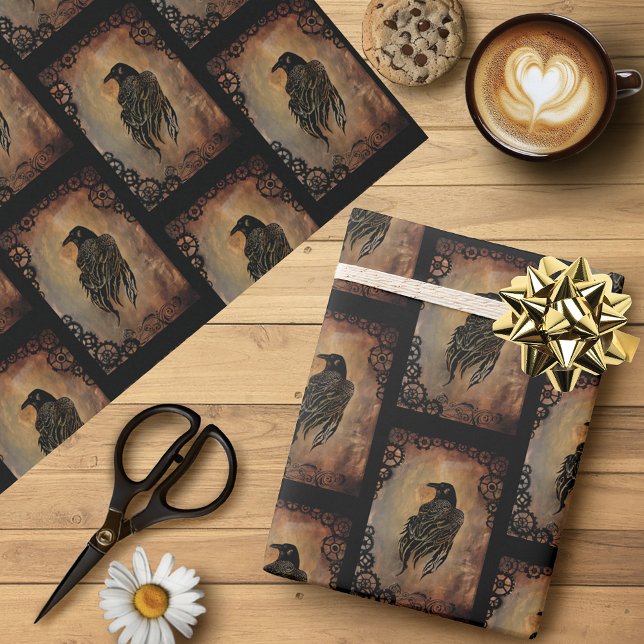  Sepia Stone Tribal Clockwork Gears Black Raven  Wrapping Paper (Creator Uploaded)