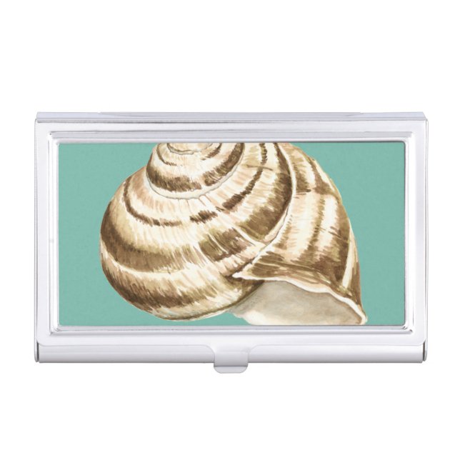 Sepia Striped Shell on Teal Business Card Holder (Front)