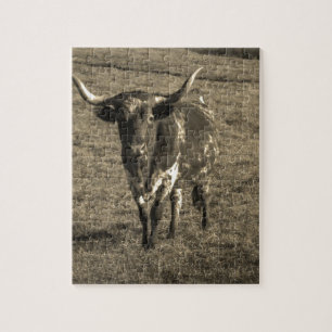 Sepia Tone Brown and White Longhorn Bull Jigsaw Puzzle