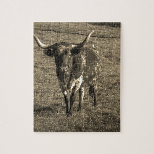 Sepia Tone Brown and White Longhorn Bull Jigsaw Puzzle (Vertical)