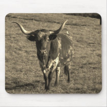 Sepia Tone Brown and White Longhorn Bull Mouse Pad