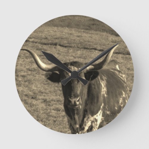 Sepia Tone Brown and White Longhorn Bull Round Clock