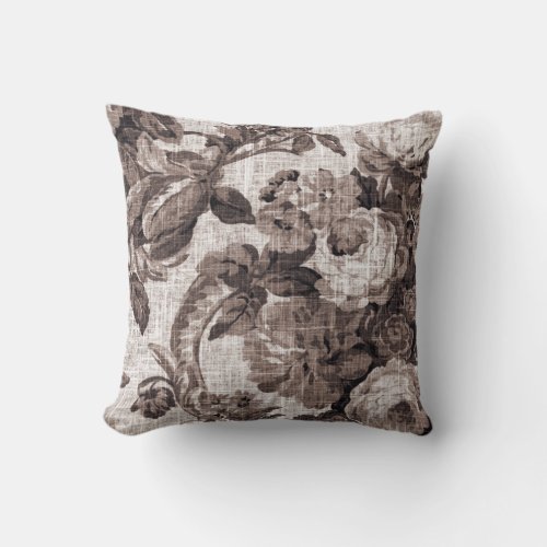 Sepia Tone Brown Botanical Floral Toile No5 Throw Pillow