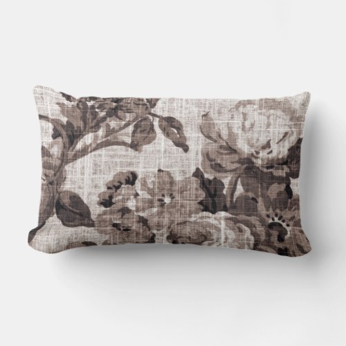 Sepia Tone Brown Floral Toile Fabric No5 Lumbar Pillow