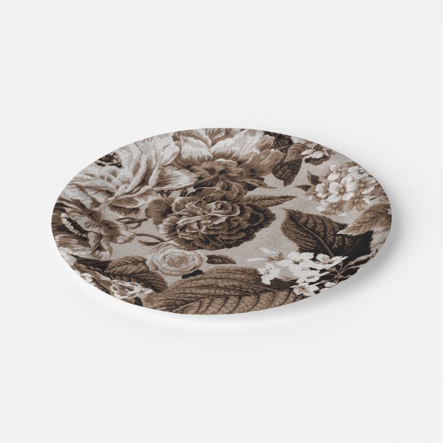 Sepia Tone Brown Floral Toile No.1 Paper Plates (Angled)