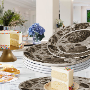 Sepia Tone Brown Floral Toile No.1 Paper Plates