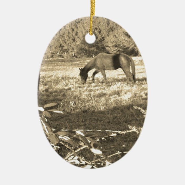 Sepia tone Brown horse and fence Ceramic Ornament (Front)