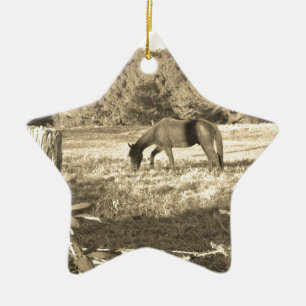 Sepia tone Brown horse and fence Ceramic Ornament