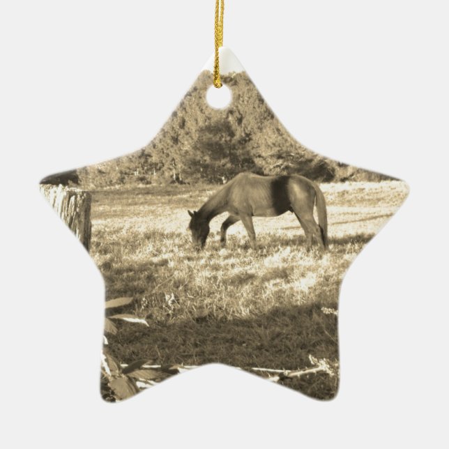 Sepia tone Brown horse and fence Ceramic Ornament (Front)