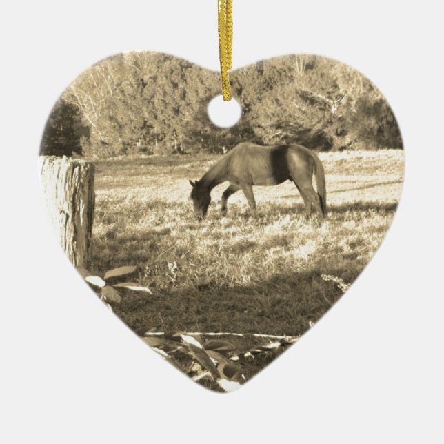 Sepia tone Brown horse and fence Ceramic Ornament (Front)