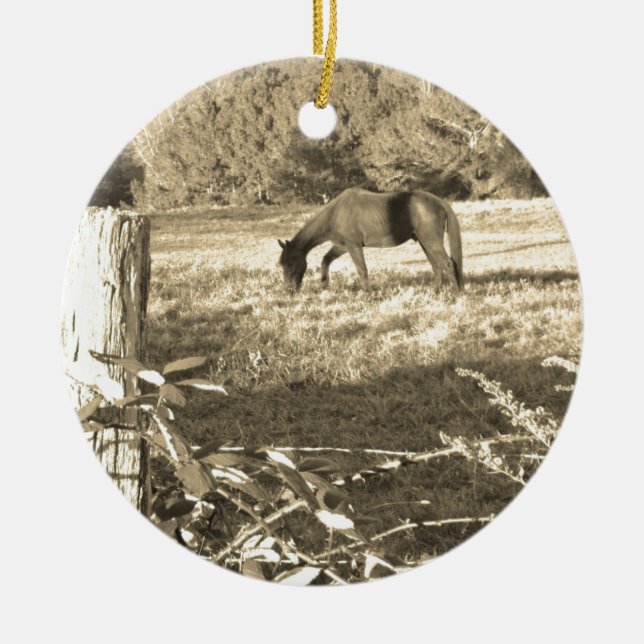 Sepia tone Brown horse and fence Ceramic Ornament (Front)