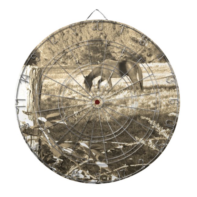Sepia tone Brown horse and fence Dartboard (Front)