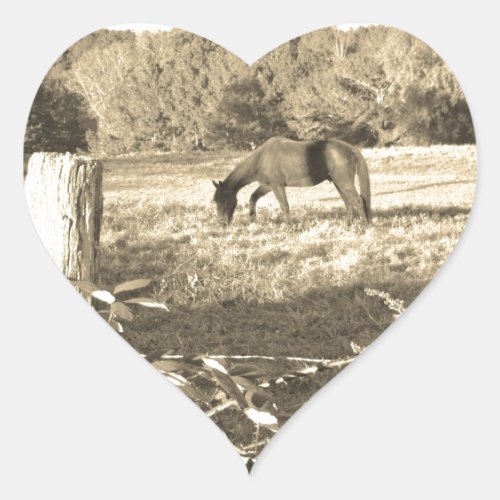 Sepia tone Brown horse and fence Heart Sticker