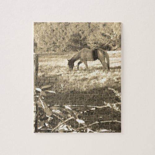 Sepia tone Brown horse and fence Jigsaw Puzzle