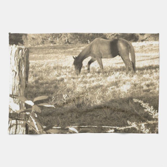 Sepia tone Brown horse and fence Kitchen Towel (Horizontal)