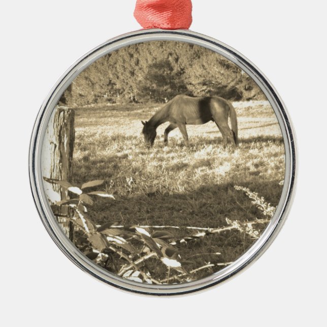 Sepia tone Brown horse and fence Metal Ornament (Front)