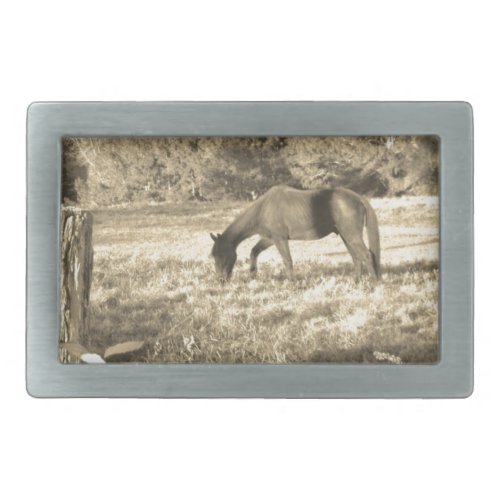 Sepia tone Brown horse and fence Rectangular Belt Buckle