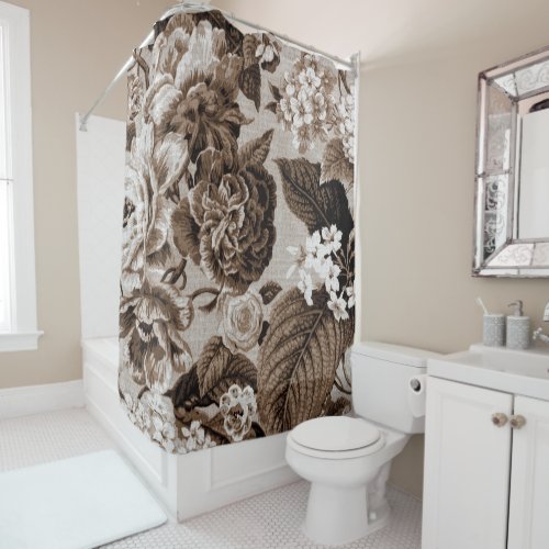 Sepia Tone Brown Vintage Floral Toile No1 Shower Curtain